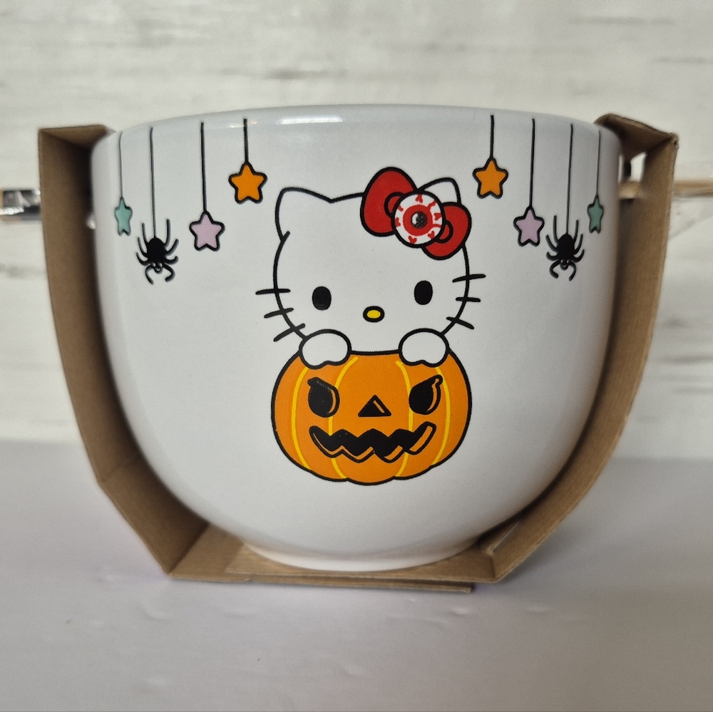 Hello Kitty Halloween Design Ceramic Bowl with Chop Sticks Set, 20oz, New!